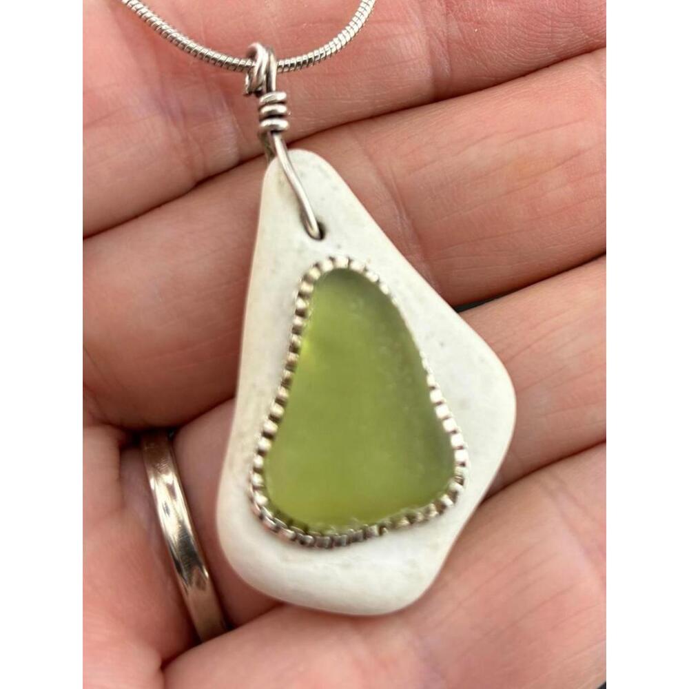 Lime Green Sea Glass & Stone Pendant Necklace Handcrafted Beachy w 18" 925 Chain